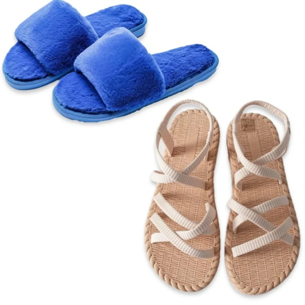 NEW Lot of 2x [SHEIN] Plush Slip-On Slippers & Gladiator Sandals Womens Sz 8/9 - Picture 2 of 14